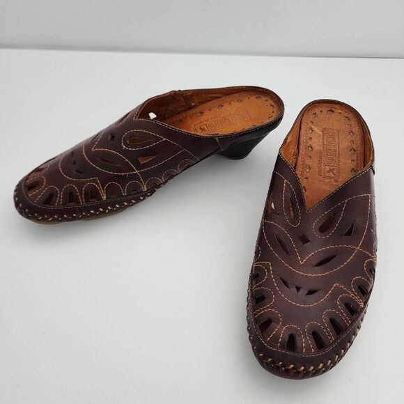 Pikolinos Brown Leather Laser Cut Eyelet Embroidered Slip On Mules EU 36 US‎ 6 - Picture 1 of 8